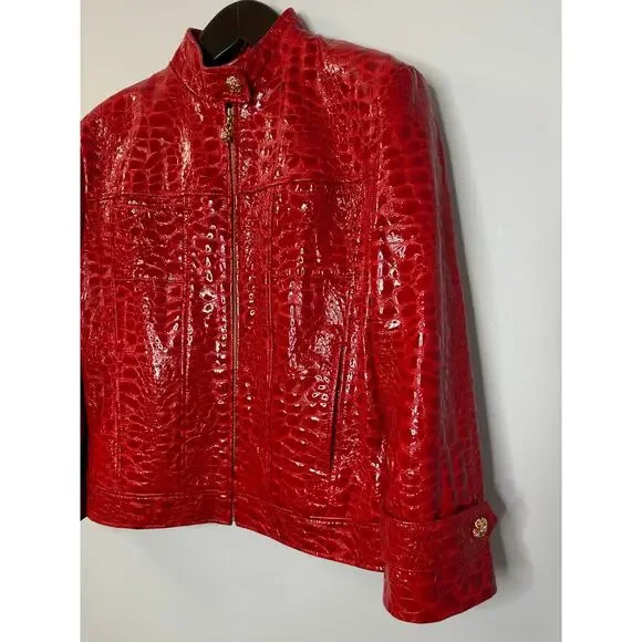 VTG St. John By Marie Gray Red Leather Women's Jacket Crocodile Embossed Sz 14